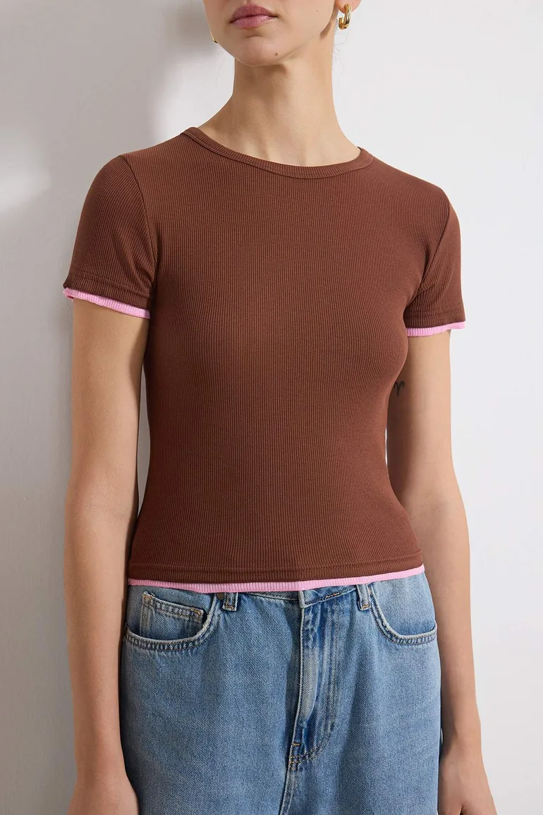Bitter Brown Fitted/Flattering Short Sleeve Piped Corded Fabric Stretchy Knitted Blouse - 2