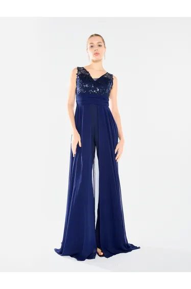 Women Sequin Bodice Overlay Jumpsuit