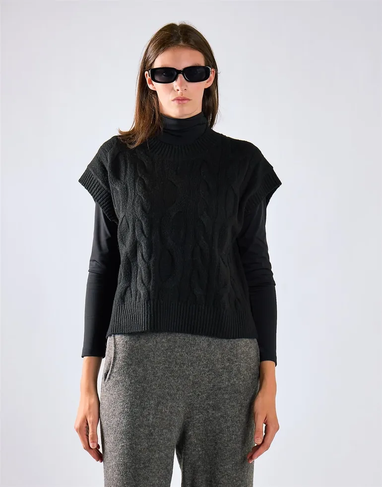 Black Cable Knit Vest Top - 2