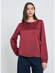 Burgundy Solid Long Sleeve Top - 2