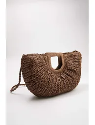 Brown Wicker Hand Knitted Women's Medium Size Oval Handbag - 1