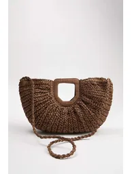 Brown Wicker Hand Knitted Women's Medium Size Oval Handbag - 3