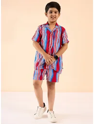 Striped Print Collar Neck Shirt and Shorts Set