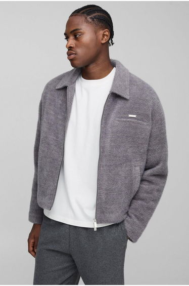 Boxy Fit Textured Harrington Jacket - charcoal