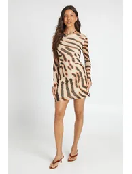 Animal Printed Mesh Flare Sleeve Mini Dress - brown - 2