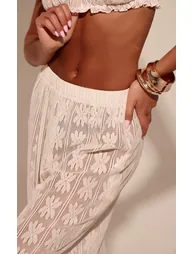 بنطلون طقم بأرجل عريضة بطبعة أزهار - كريمي - 3