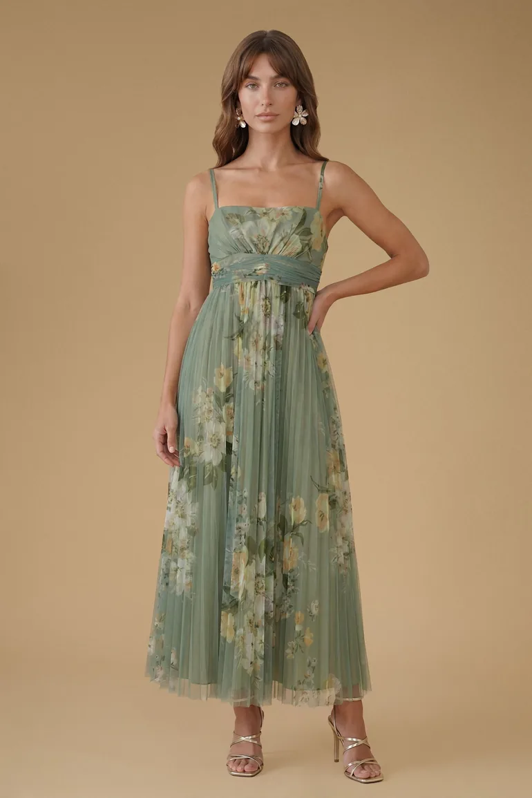 Petite Pleated Mesh Maxi Dress