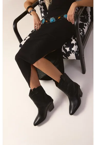 Black Faux Leather Embroidered Western Ankle Boots
