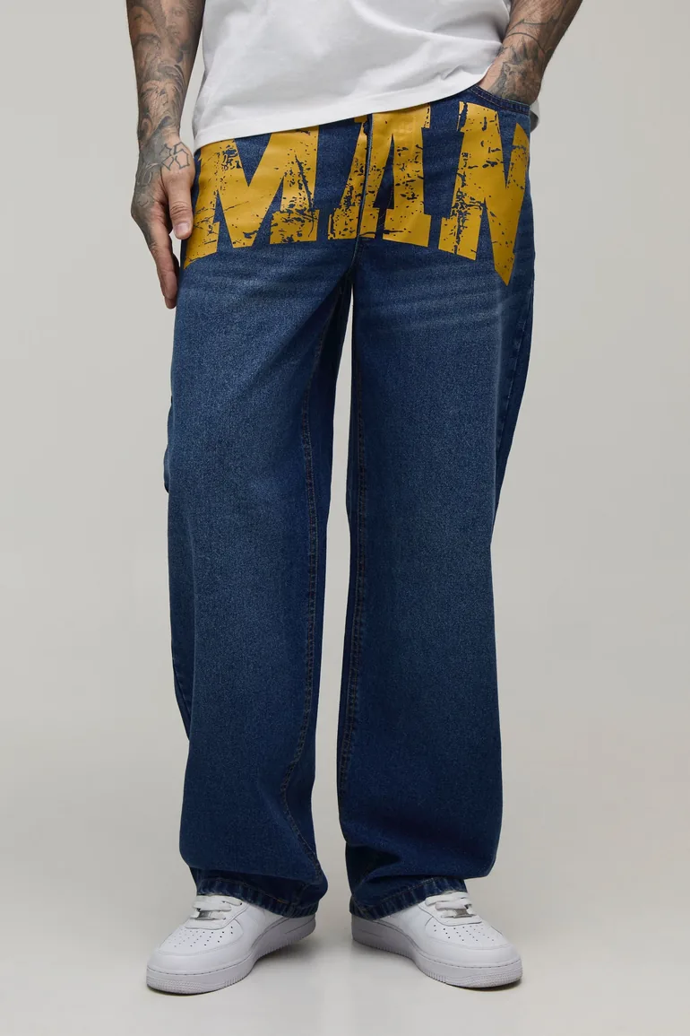 Tall Relaxed Rigid Man Print Denim Jeans - mid blue