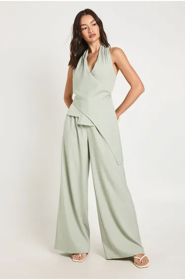 Woven Halterneck Wrap Top - sage