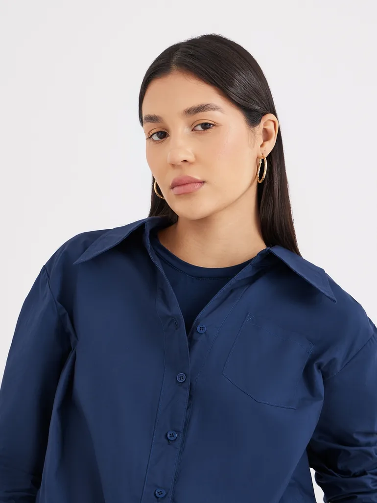 Women Navy Blue Plain Collared Shirt - 2