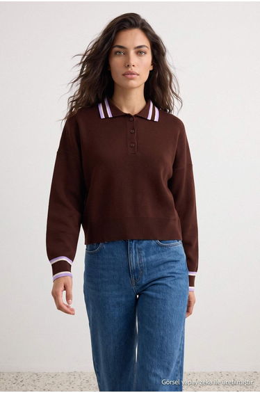 Brown Color Block Polo Collar Knitwear Sweater product thumbnail 4