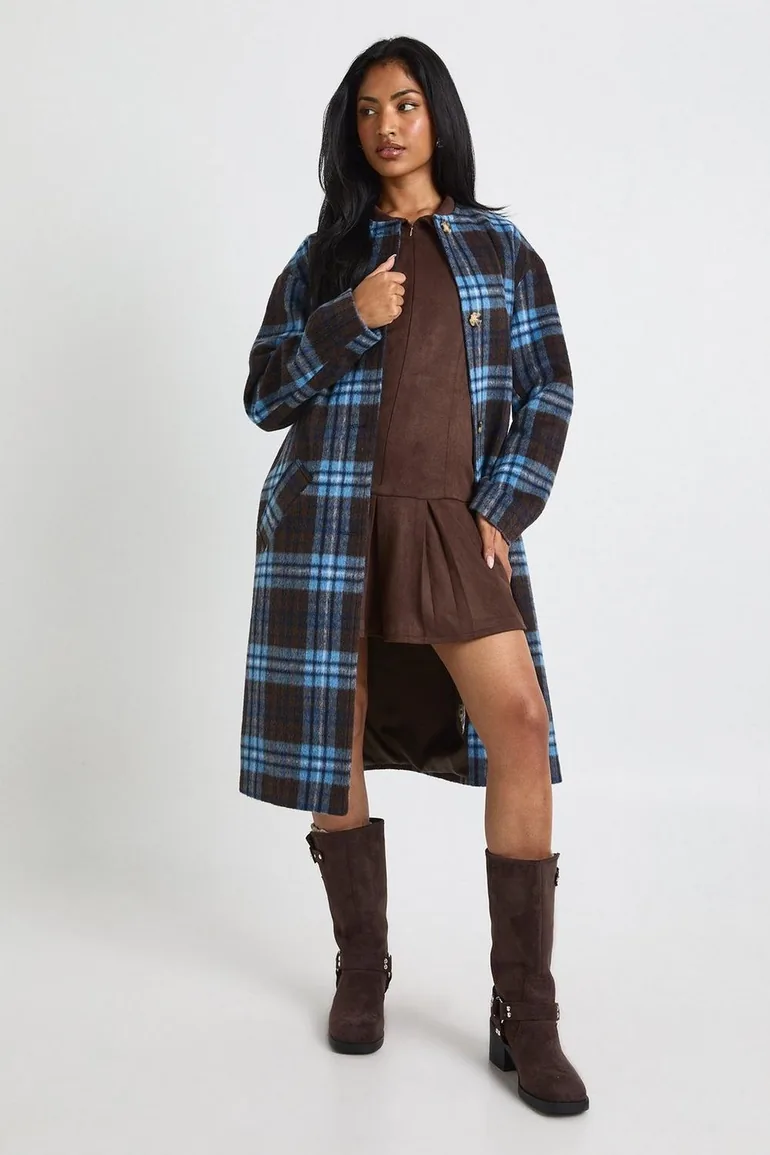 2 in 1 Scarf Check Wool Look Coat - chocolate