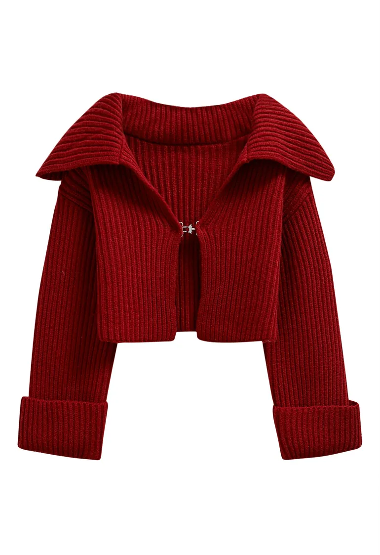 Toggle Clasp Flap Collar Rib Knit Cardigan in Red - 2