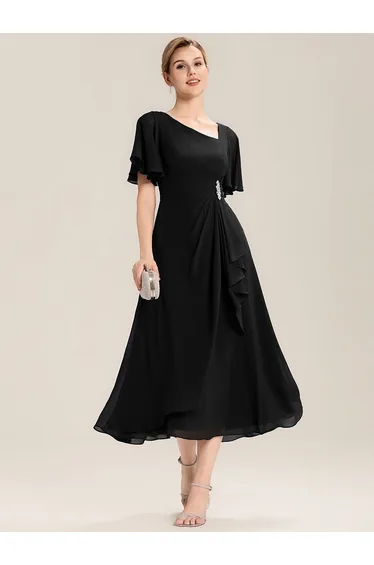 Short Sleeve Ruffle Asymmetrical A-Line Midi Evening Dresses