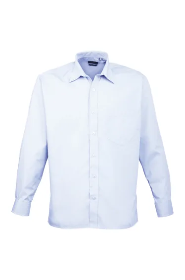 Premier Mens Long Sleeve Formal Plain Work Poplin Shirt - Light Blue