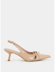 Bow Trim Pointed Toe Kitten Heel Slingback Shoes - 1