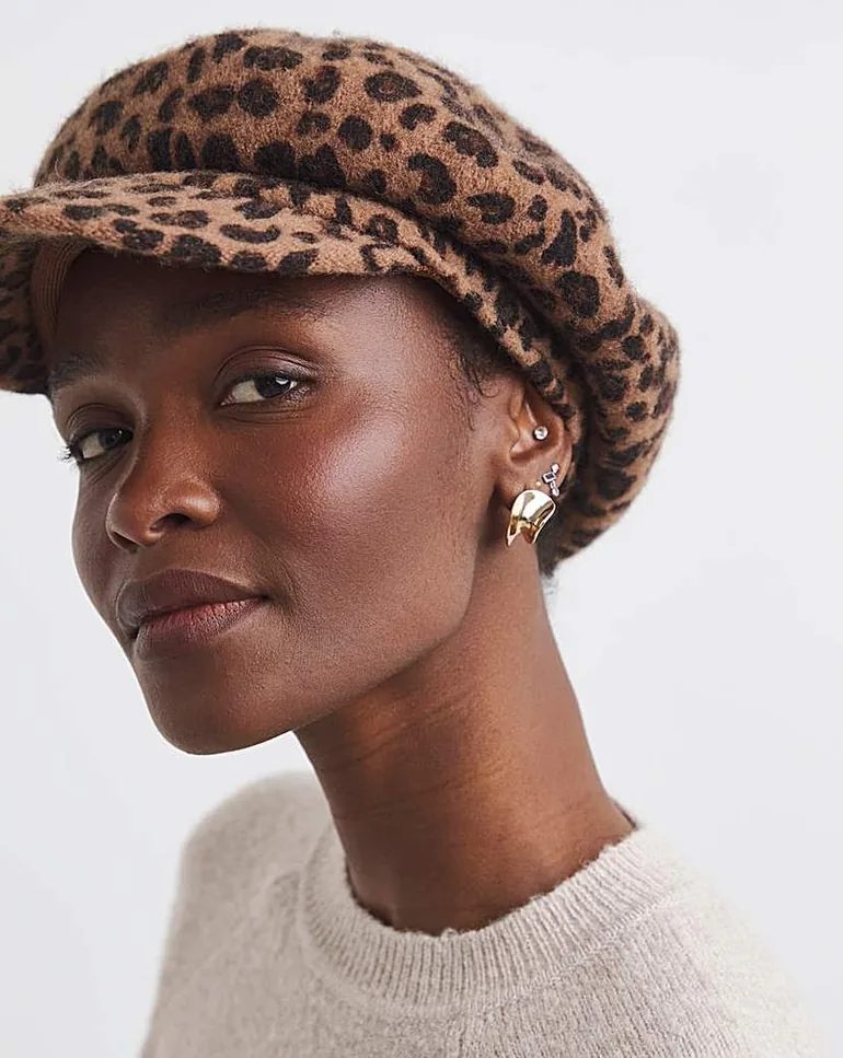 Wool Leopard Print Baker Boy Hat - 1