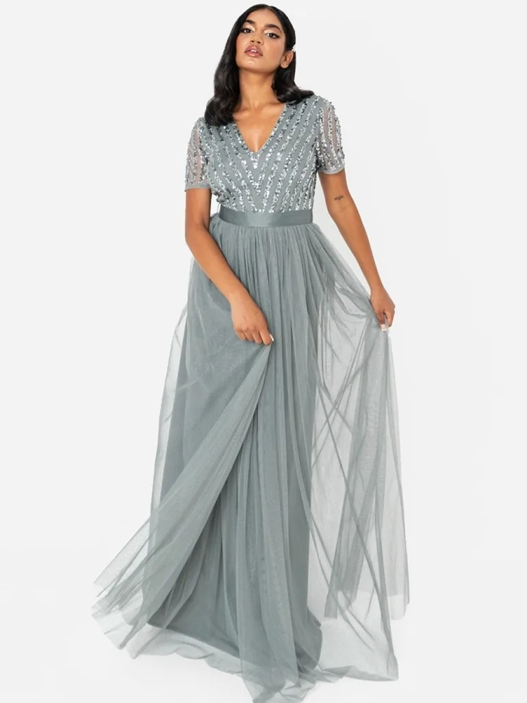 Maya Misty Green Stripe Embellished Maxi Dress With Sash Belt - 1