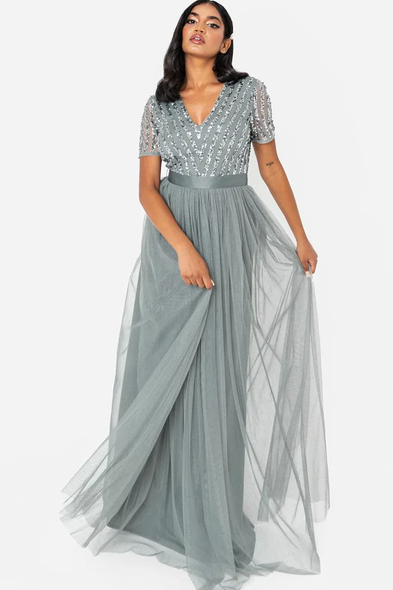 Maya Misty Green Stripe Embellished Maxi Dress With Sash Belt