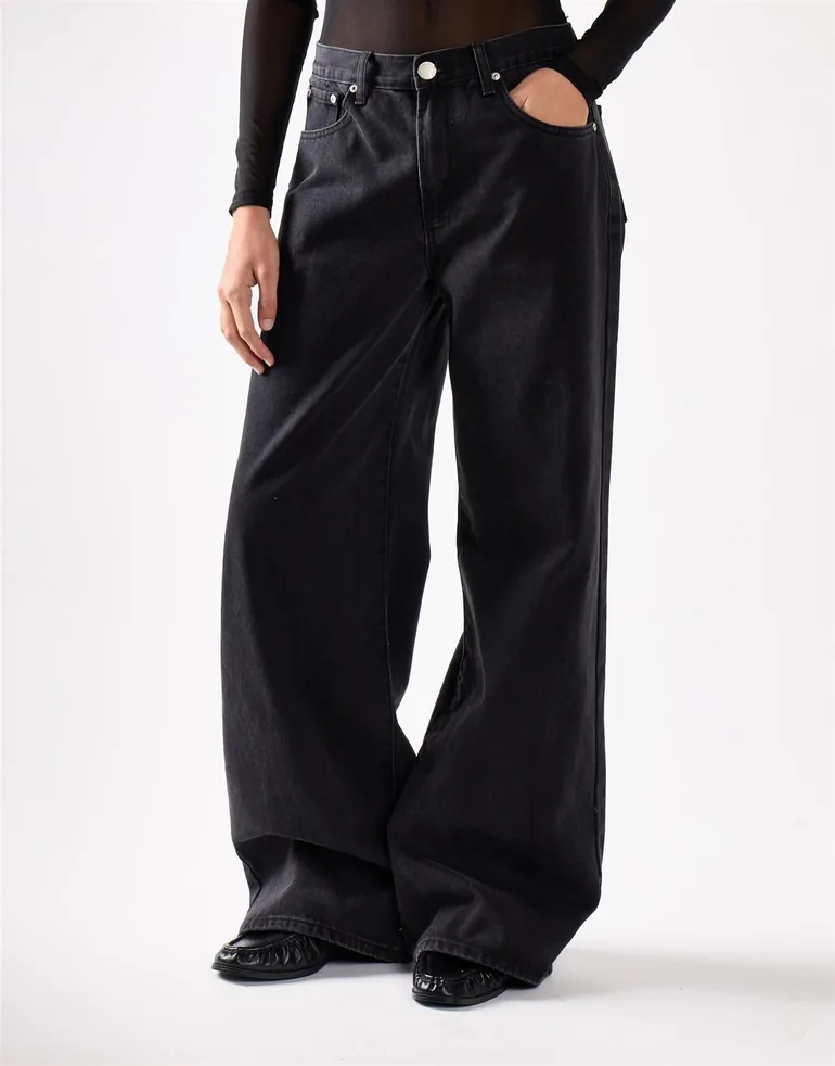 Washed Black Mid Rise Baggy Jeans - 2