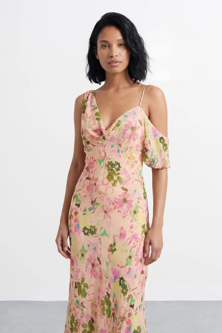 Twist Bodice Off Shoulder Floral Midi Dress - 2