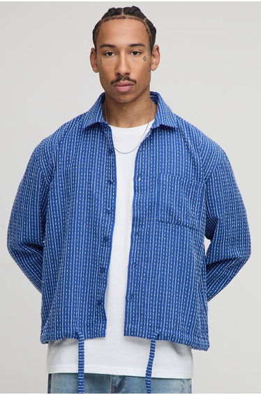 Oversized Boucle Bungee Hem Check Overshirt - cobalt