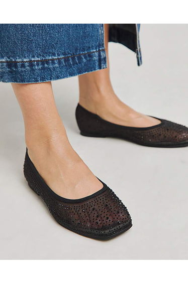 Mesh Embellished Ballet Flats Ex Wide