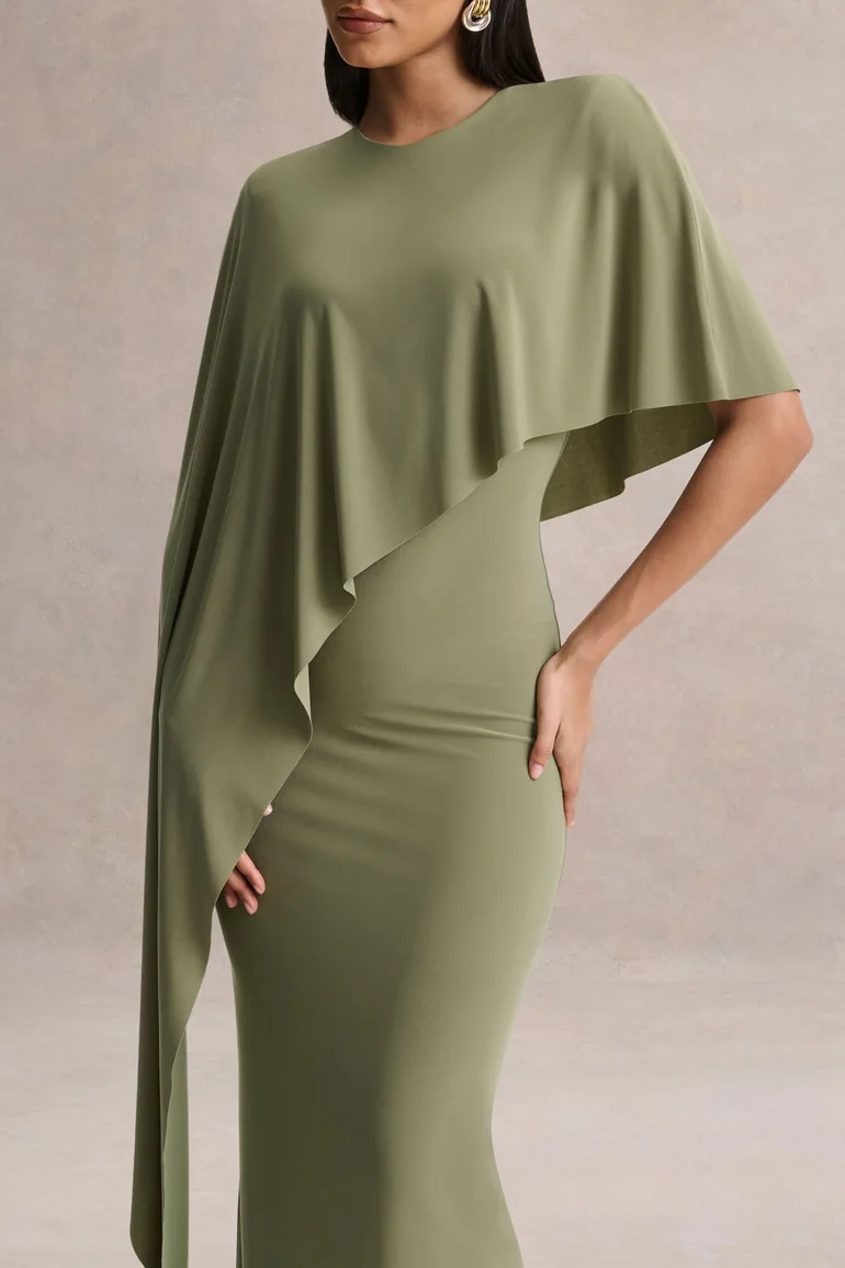 Ravena | Olive Crew-Neck Maxi Dress With Asymmetric-Cape Sleeve - 2