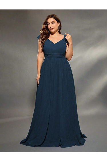 Leely Plus Women's Elegant V Neck Layered Sleeve A-Line Dress