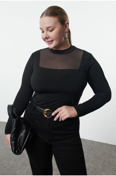 Black Fitted Tulle Detailed Long Sleeve High Collar Flexible Snap Fastener Knitted Body