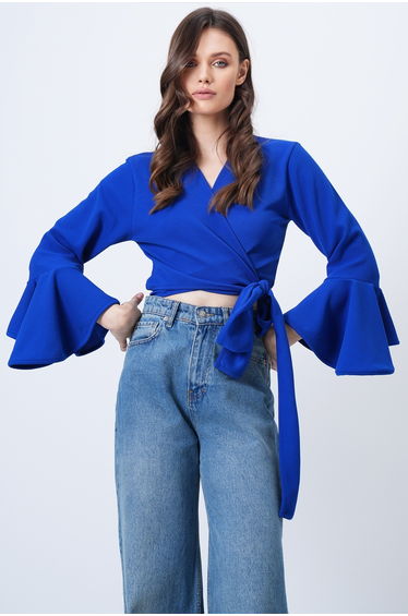 Women's Cobalt Double-Breasted Tie Detailed Sleeve Flounce Crop Blouse