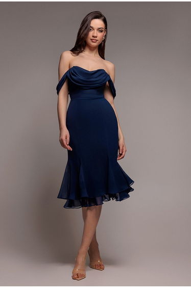 Chiffon Cowl Off Shoulder Wing Tiered Midi Dress - Navy Blue by Goddiva