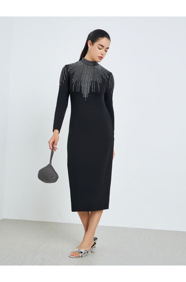 Women Black Embellished Sheath Midi Dress
