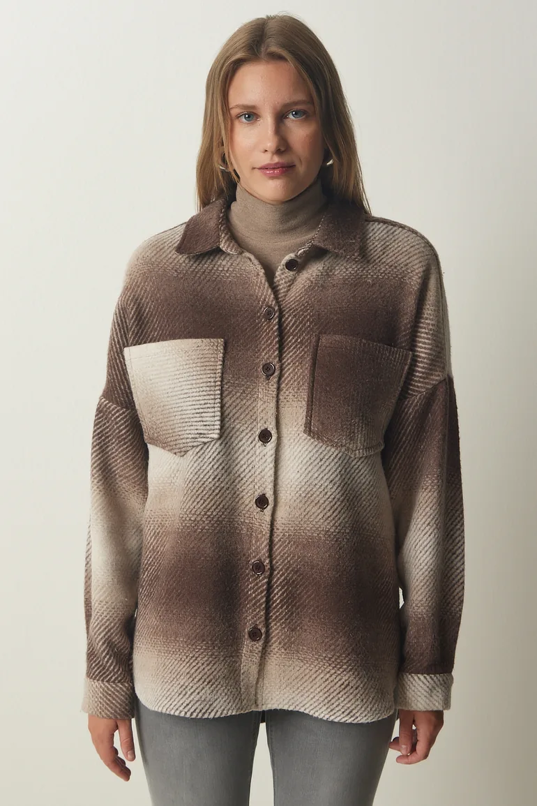 Women's Brown Lumberjack Oversize Cachet Shirt Jacket - 5