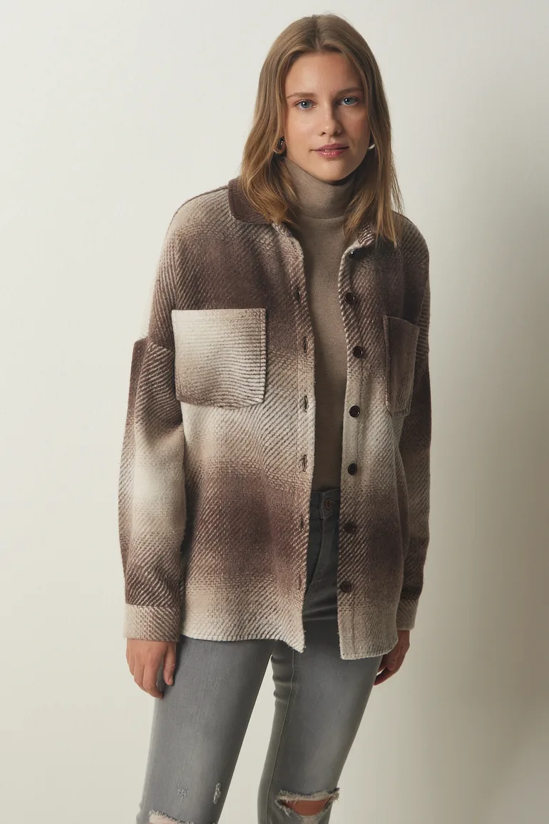 Women's Brown Lumberjack Oversize Cachet Shirt Jacket - 3