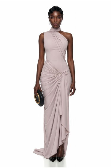 Wilhelmina Dusty Pink Asymmetrical Ruched Maxi Dress