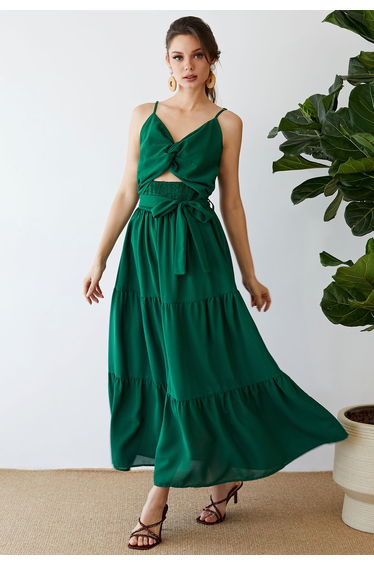 Twist Cutout Shirred Cami Maxi Dress in Green