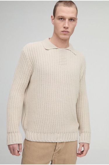 Oversized Chunky Knit Placket Detail Knitted Polo - stone