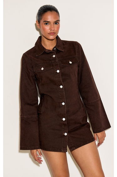 Dark Chocolate Seam Detail Long Sleeve Denim Shirt Dress