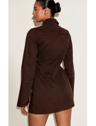 فستان قميص دينيم بأكمام طويلة لون بني - 2