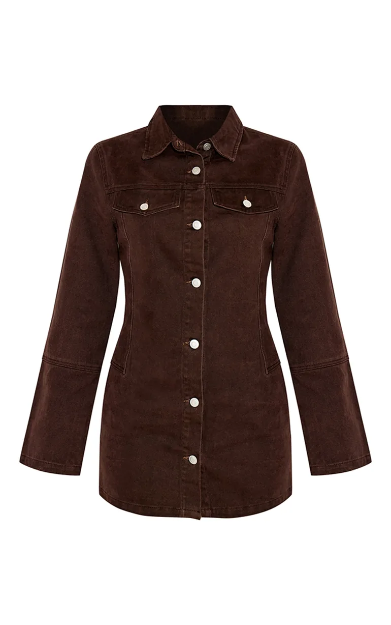 فستان قميص دينيم بأكمام طويلة لون بني - 4