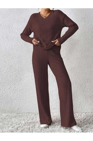 Coffee Brown Ribbed Knit Top and Pants Co-Ords