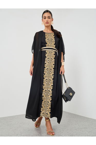 Women Lace Detail Maxi Dress with Open Front Kimono Set