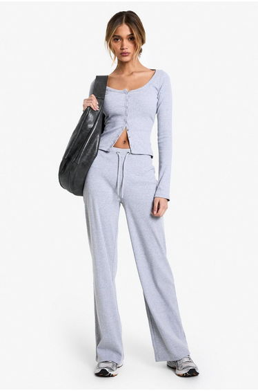 RIBBED POPPER DETAIL LONG SLEEVE TOP - grey marl