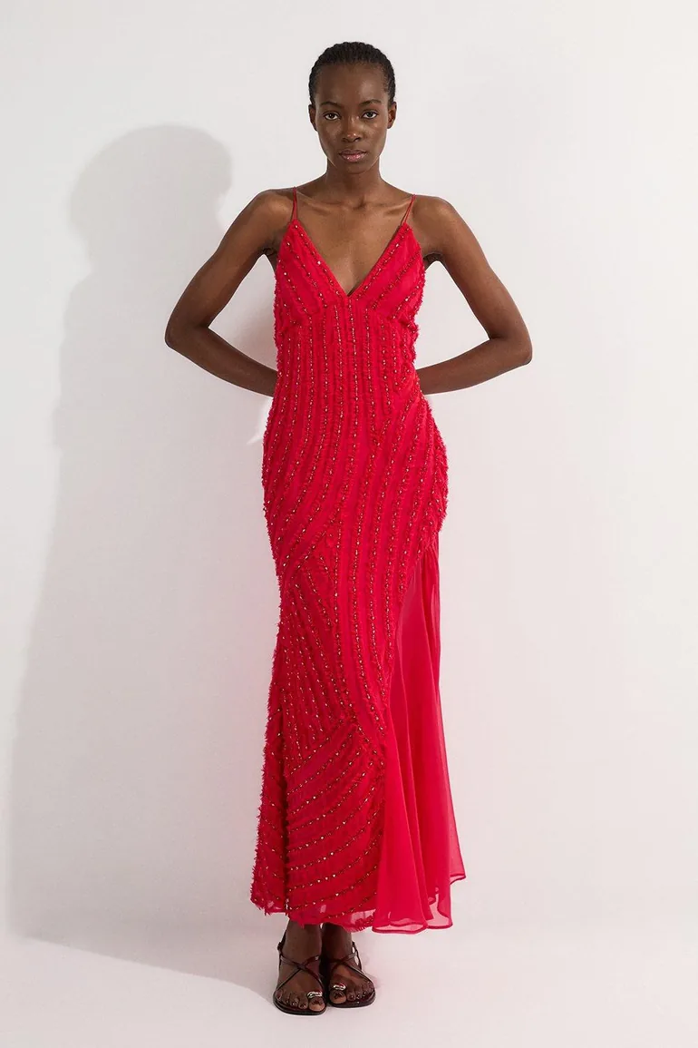 Embellished Ruffle Strappy Woven Maxi Dress Karen Millen Red : Premium  Dresses : VogaCloset Bahrain