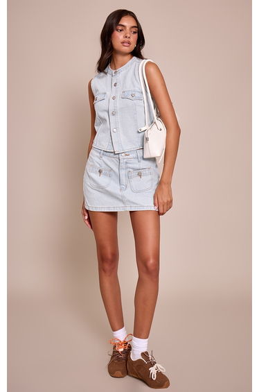 Light Blue Round Neck Cinch Waist Denim Waistcoat