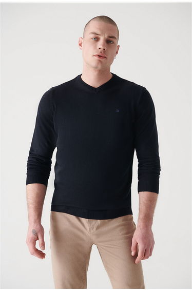 Men's Black V Neck Wool Blended Standard Fit Regular Cut Knitwear Sweater