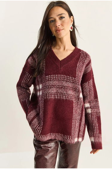 LUCCI Plaid V-Neck Long Sleeve Knit Sweater