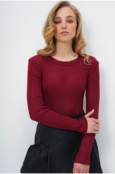 Women's Burgundy Crew Neck Openwork Knitwear Blouse